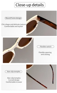 Detail of white vintage sunglasses showing round frame, flexible hinge and non-slip temples