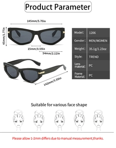 Detailed size specifications for cat eye sunglasses model 1206 with PC lens and frame