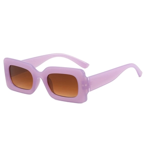 Modern retro purple square sunglasses with brown gradient lenses on a white background
