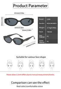 Detailed size chart for minimalist oval sunglasses showing frame and lens dimensions