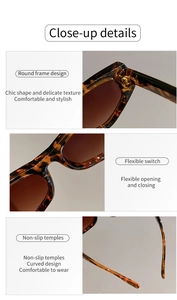 Detailed view of tortoiseshell cat-eye sunglasses featuring flexible hinges and non-slip temples.