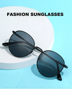 Retro square black frame sunglasses with dark lenses on a white display stand