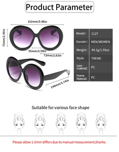 Detailed dimensions of oversized round sunglasses with purple gradient lenses