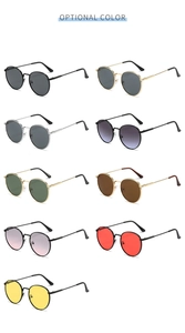 Macro display of retro square sunglasses featuring nine various lens colors and metal frames