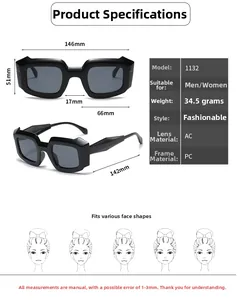 Detailed size chart for irregular full-frame candy colored sunglasses with dimensions