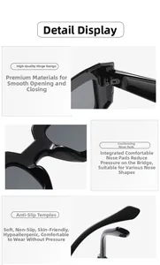 Detail view of premium hinges, integrated nose pads and non-slip temples on black sunglasses