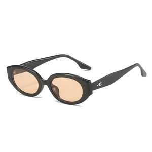 Retro oval black frame sunglasses with amber lenses and silver metal temple accents