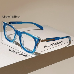 Detailed view of blue cat-eye frames with metal hinges and precise size measurements