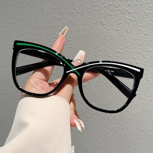Detail of oversized cat-eye frames with unique green and white striped stripe accents