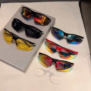 Detail view of 6 colorful sports cycling sunglasses with removable inner myopia frame