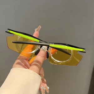 Detail of Y2K sports sunglasses with amber yellow lenses and neon green temples