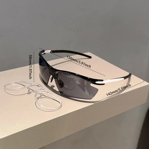 Detail view of sports sunglasses with built-in myopia frame and dimension labels