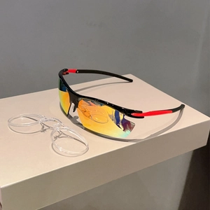 Detail view of sports sunglasses with a removable inner frame for prescription lenses