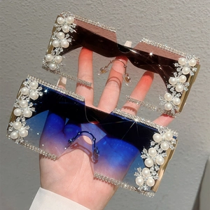 Oversized Square Rimless Sunglasses Rhinestone Faux Artificial Pearl Luxury Gradient Lenses Fashion Party Eyewear For Women