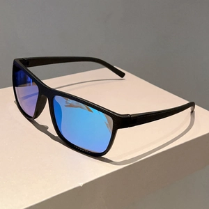 Detail of square sunglasses with black textured frames and blue mirrored lenses