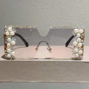 Oversized rimless square sunglasses with gradient purple lenses and pearl rhinestone details