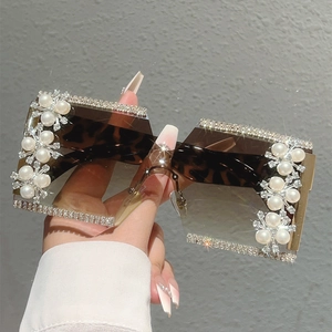 Luxury oversized rimless square sunglasses with leopard frame, rhinestones and pearls