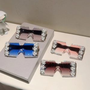 Frameless oversized square sunglasses with crystal rhinestones and pearl flower detail