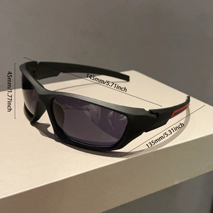 Side view of matte black sports sunglasses with red temple stripes and size measurements