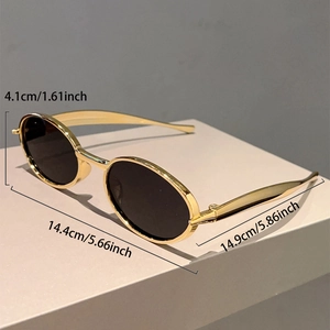 Détails de lunettes de soleil ovales rétro avec monture métal et dimensions indiquées