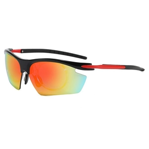 Outdoor sports sunglasses with red black frame and gradient mirrored lenses