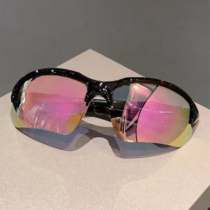 Close-up of semi-rimless sports sunglasses with purple mirrored lenses and marble frame