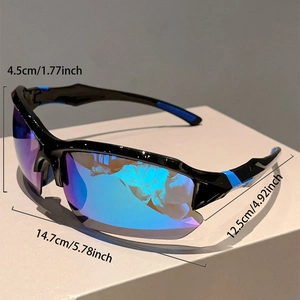 Detailed view of polarized sports sunglasses with dimensions and blue accent frame