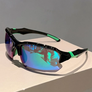 Detail of sports sunglasses featuring neon green anti-slip temples and rainbow polarized lenses