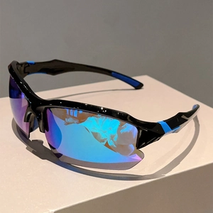 Close-up of sporty sunglasses with purple-blue mirror lens and black streamlined frame