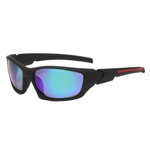 Sporty matte black sunglasses with colorful reflective lenses and red stripe accents