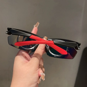 Outdoor sports sunglasses with black half-frame, red non-slip arms and rainbow coated lenses