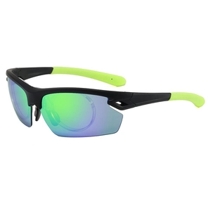 Outdoor cycling sunglasses with neon green temples and internal frame for myopia