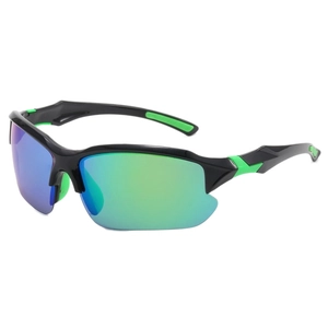Outdoor sports sunglasses with black frames and green mirrored lenses for cycling