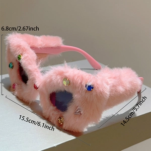 Lunettes de soleil en peluche rose avec strass colorés et mesures de taille précises