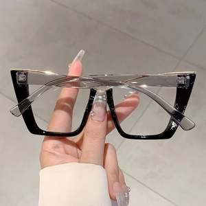 Detail of oversized cat-eye glasses frame featuring metal inlay and bi-color finish
