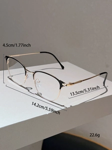 Detailed dimensions of gold-black half-rim metal glasses with 14.2cm width and 22.6g weight