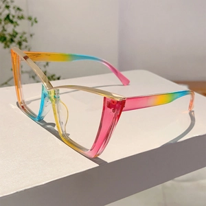 Detailed 45-degree angle of rainbow gradient cat eye glasses with gold metal trim