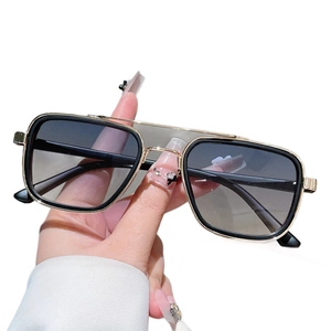 Lunettes de soleil carrées rétro à double pont en métal avec monture noire et dégradé