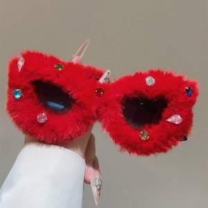 Lunettes De Soleil Œil De Chat Avec Cadre En Peluche Fausse Fourrure Et Strass Colorés Y2K Lunettes De Fête Pour Femmes Filles