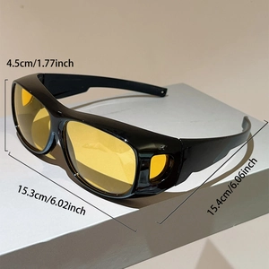 Detailed dimensions of night vision sports sunglasses with yellow lenses and black frame