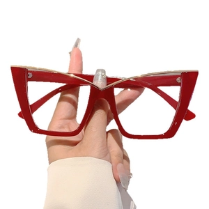 Fashionable red cat eye glasses with gold metal trim and high-gloss finish for women