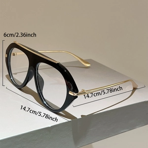 Detail view of large black frame glasses with dimensions 14.7cm width and 6cm height