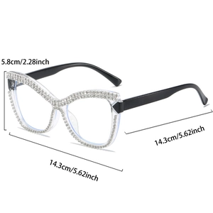Cat eye glasses frames with rhinestones showing dimensions 14.3cm width and 5.8cm height