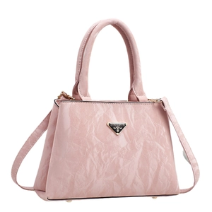 Pink high-capacity handbag in glossy crinkle texture leather with metal logo detail