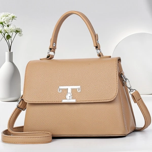 Litchi pattern khaki leather handbag with silver TG clasp and detachable shoulder strap