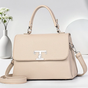 Litchi pattern leather satchel bag with silver metal logo and adjustable shoulder strap