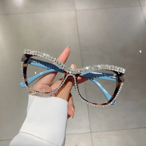 Cat eye tortoiseshell anti-blue light glasses with sparkling rhinestone chain detail