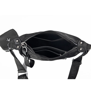 Black nylon multi-compartment crossbody bag with adjustable wide strap and mini pouch