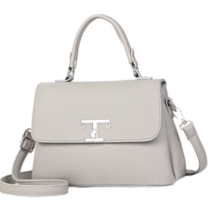Grey pebbled leather handbag with silver TG hardware and adjustable shoulder strap