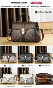 Detailed grid showing multi-color printed handbags and internal storage compartments